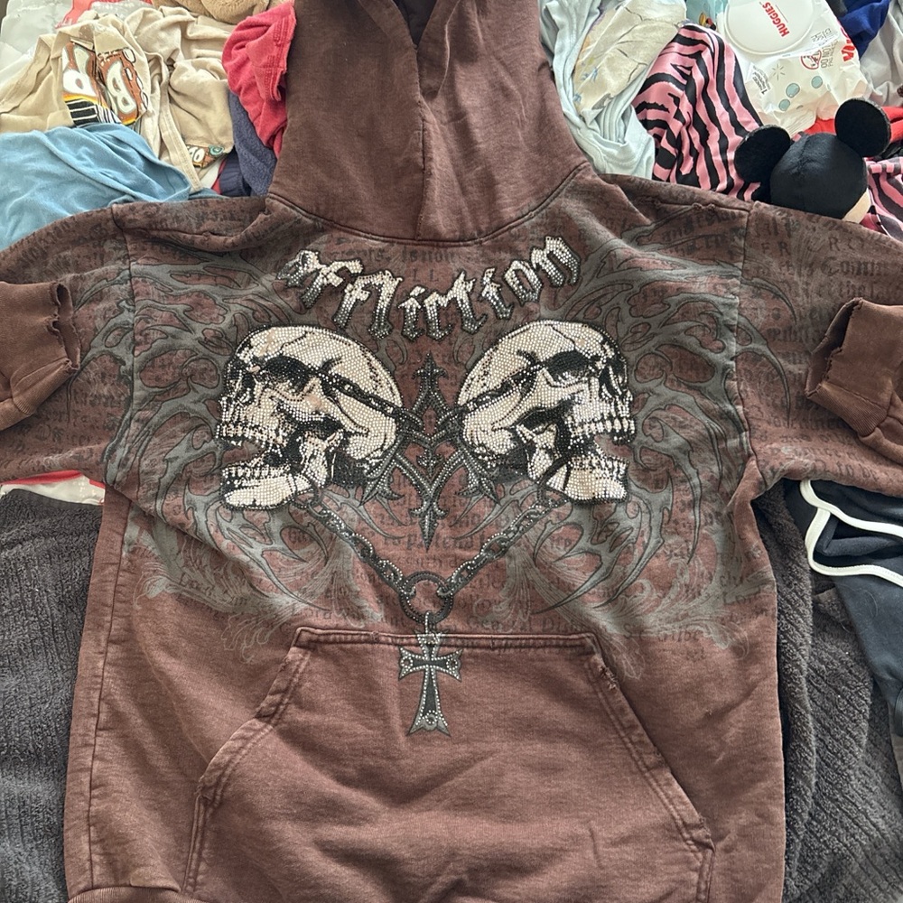 Affliction Brown Hoodie with Skull Embellishment
